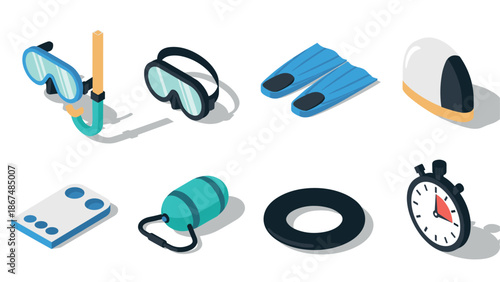 Isometric diving and swimming gear: snorkel, fins, mask, and accessories