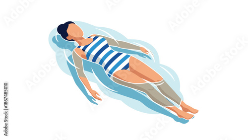 Relaxed woman floating in pool with striped swimsuit on calm summer day