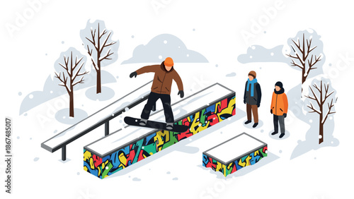 Snowboarder performing trick on colorful rail in urban winter park scene