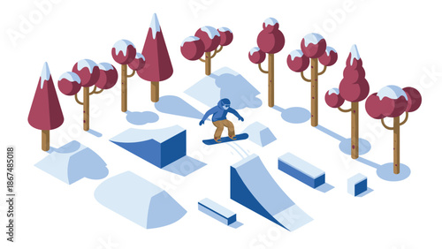 Isometric winter scene with snowboarder among snowy trees and ramps