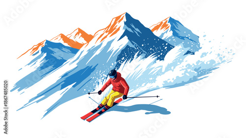 Dynamic skiing down mountain slope with snowy peaks and skier in vibrant colors