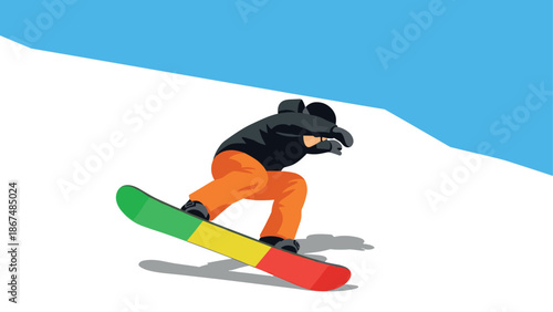 Colorful snowboarder in dynamic move on bright winter day