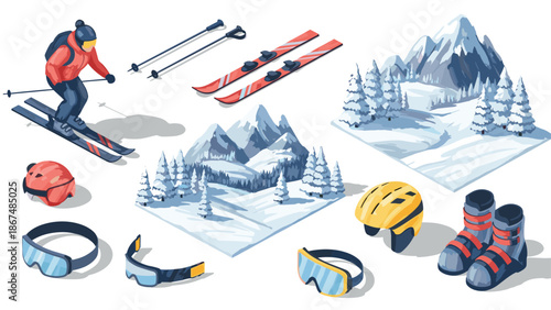 Winter sports gear and skiing equipment in action with scenic snowy mountain landscape