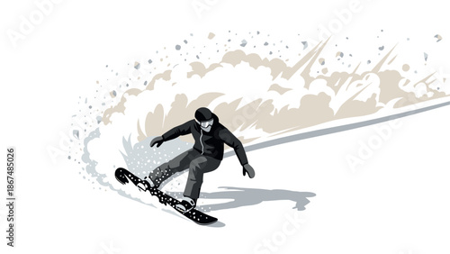 Snowboarder carving through powder with dynamic spray and shadow in minimalist silhouette style
