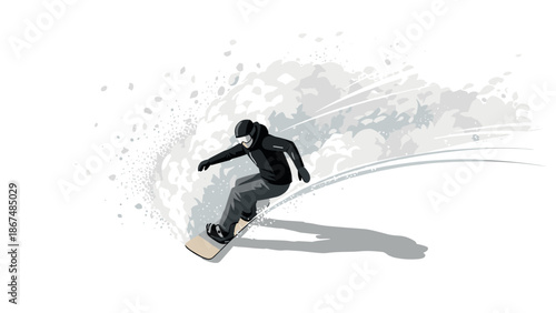 Dynamic snowboarding action in minimalist style with snow spray effect