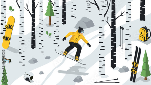 Winter sports adventure in birch forest with snowboarder and gear