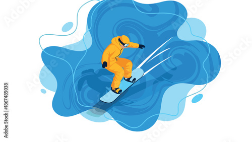 Dynamic snowboarder in yellow gear on abstract blue background