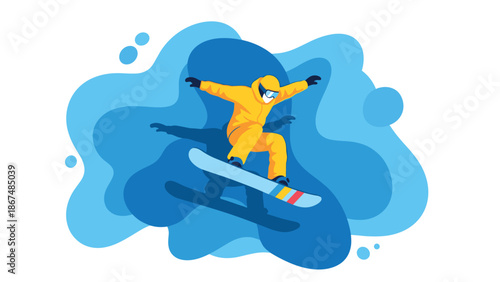 Snowboarder in action with dramatic blue splash background