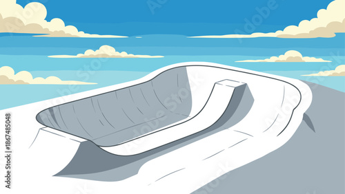 Snowy skate park: minimalist cartoon design in winter landscape