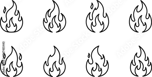 Set of eight stylized, minimalist fire icons, each depicting a small flame with clean, simple lines