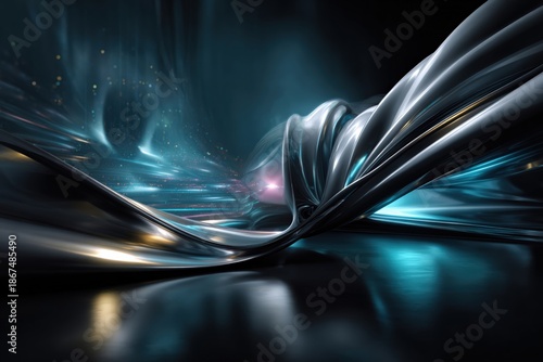 fluid metallic wave with luminous particles flowing through a dark futuristic space, abstract digital sculpture evoking motion, innovation, and energy in a sleek high-tech environment