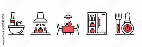 Kitchen icons set with refrigerator and dining table
