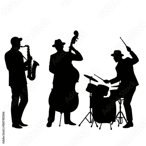 Jazz trio performing, lively and musical silhouette on a transparent background