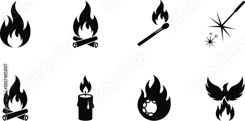 Versatile collection of fire vector icons, showcasing flames, campfires, candles, matchsticks, sparklers, and a phoenix in a clean monochrome style for graphic design