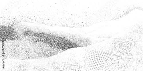 Gray stippled abstract landscape with rolling hills and textured sky background white