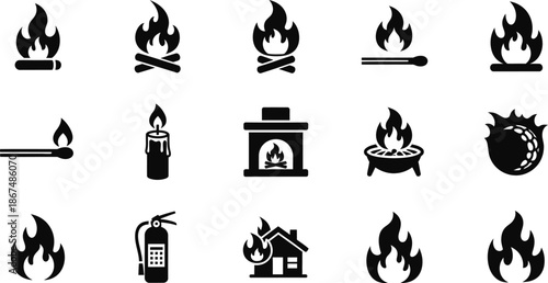 Comprehensive collection of diverse fire and flame vector icons, illustrating concepts of heat, warmth, danger, emergency, and safety for graphic design projects and informational graphics