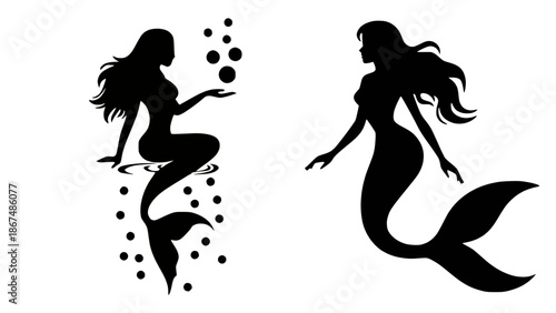 Black silhouettes of  mermaids isolated on a transparent background. Vector illustration for design.