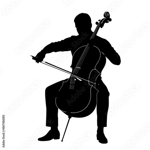 Musician playing string instrument, focused and skilled silhouette on a transparent background