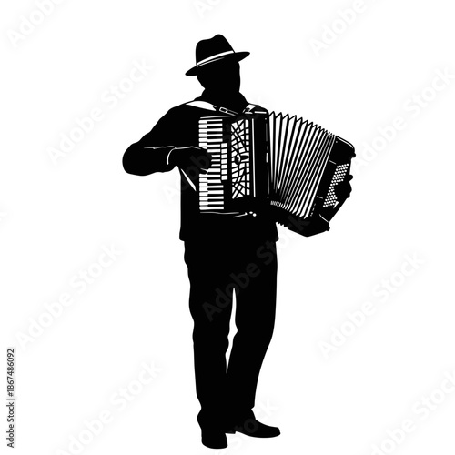 Musician playing accordion, lively and charming silhouette on a transparent background