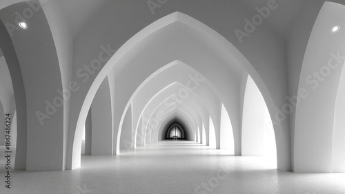 White arched corridor with repeating pointed arches forming a tunnel toward a distant window. Concept White arched corridor, Repeating pointed arches, Tunnel perspective toward a distant window