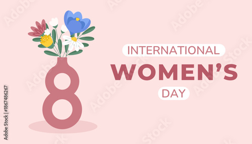 International Women’s Day poster with floral and vase number eight. 8 March celebration design.