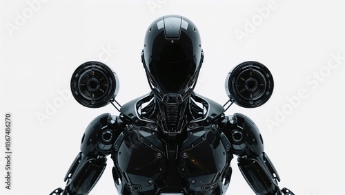Futuristic robot with a sleek black design, featuring a helmet and two circular speakers or antennae on the shoulders.