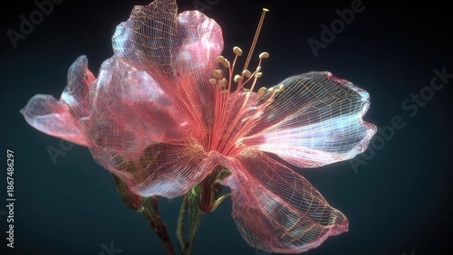A pink hibiscus flower with translucent, neon-wireframe petals and yellow-tipped stamens against a dark background. Concept Pink hibiscus, Neon-wireframe petals, Translucent petals © Anastasiia