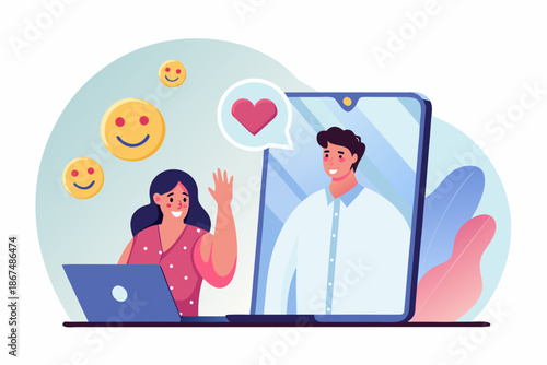 Virtual connection a woman waving at a man during a video call