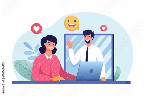 A cheerful couple connecting through a video call on a laptop