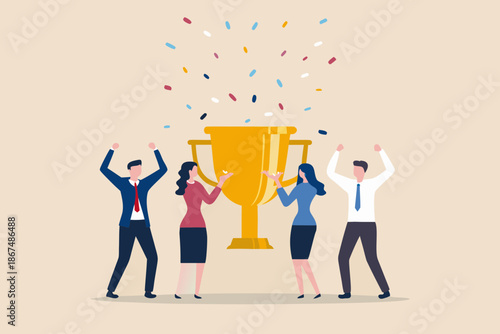 Celebrating success team members raise arms near a golden trophy with confetti