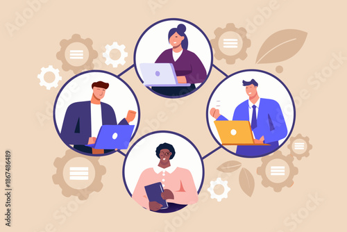 Diverse professionals collaborating remotely with laptops and connected network elements