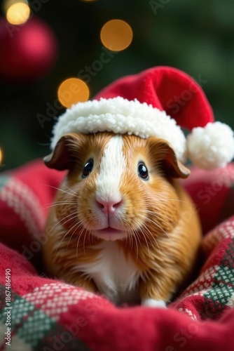 Guinea pig wearing Santa hat, nestled in festive bedding, merry christmas, small animal