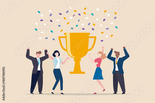 Celebrating success joyful team raises arms to a golden winning trophy