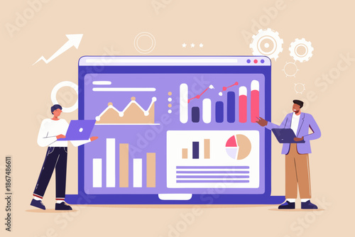 Data analysis and business growth concept with two people and a laptop