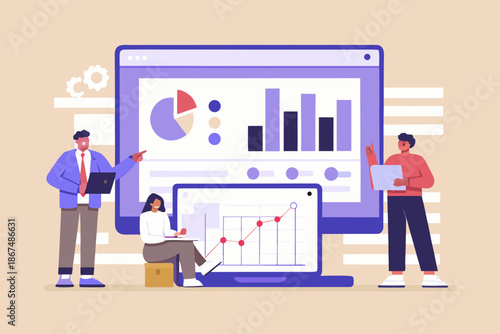 Data analysis and collaboration team reviewing business metrics and charts