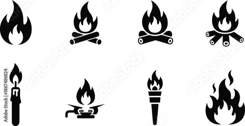 Diverse collection of monochrome fire icons abstract flames, campfires, lit candles, and torches. Perfect vector graphics for heat, light, energy, and warning concepts