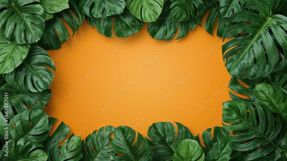 Fototapeta premium Green tropical leaves border an orange background. Natural botanical frame with lush foliage. Vibrant and fresh greenery surrounds a bright space.