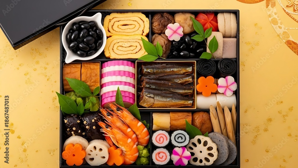 Fototapeta premium Traditional Japanese New Year Osechi Ryori Bento Box – Festive Holiday Celebration Food Photography Vibrant Osechi Ryori New Year Bento – Assorted Japanese Festive Dishes on Golden Background