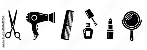 Professional haircare and makeup tools represented as graphic icons, perfect for beauty salon branding, cosmetics advertising, and stylist service promotions.