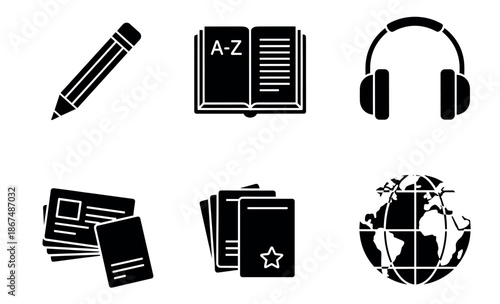 Essential learning and communication black glyph icon set featuring a pencil, dictionary, audio headphones, various documents, study cards, and a global earth symbol, ideal for school
