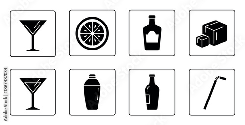 Cocktail ingredients and bar tools icons featuring martini glasses, citrus slice, liquor bottles, ice, shaker, and straw, perfect for drink menus, event flyers, and hospitality branding.