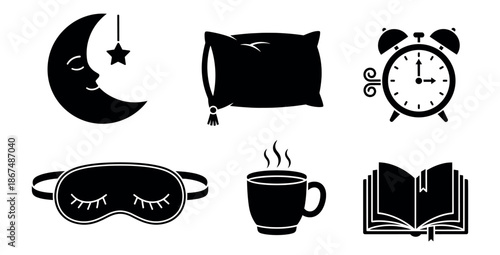 Collection of bedtime and morning routine icons featuring a sleeping moon, comfy pillow, classic alarm clock, eye mask, steaming mug, and open book, perfect for wellness and lifestyle