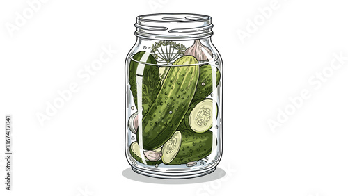 A clear glass jar filled with fresh pickling cucumbers, fragrant dill, and garlic cloves, illustrating homemade food preservation for cooking and healthy recipe concepts