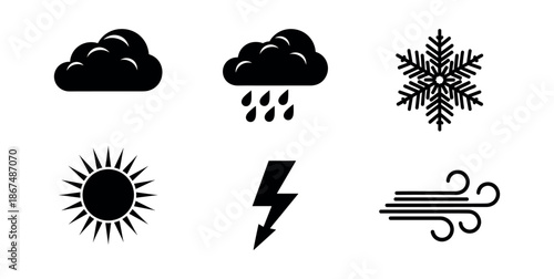 Collection of essential weather condition symbols depicting cloud, rain, snowflake, sun, lightning, and wind for meteorology applications and digital user interfaces.