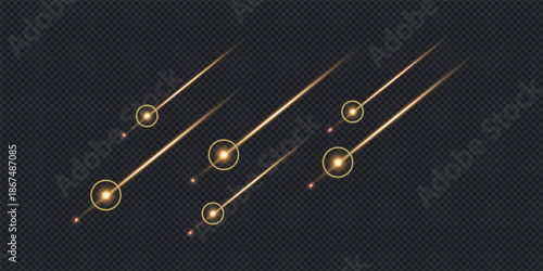 shining falling comet or meteoroid set with light effect against dark background