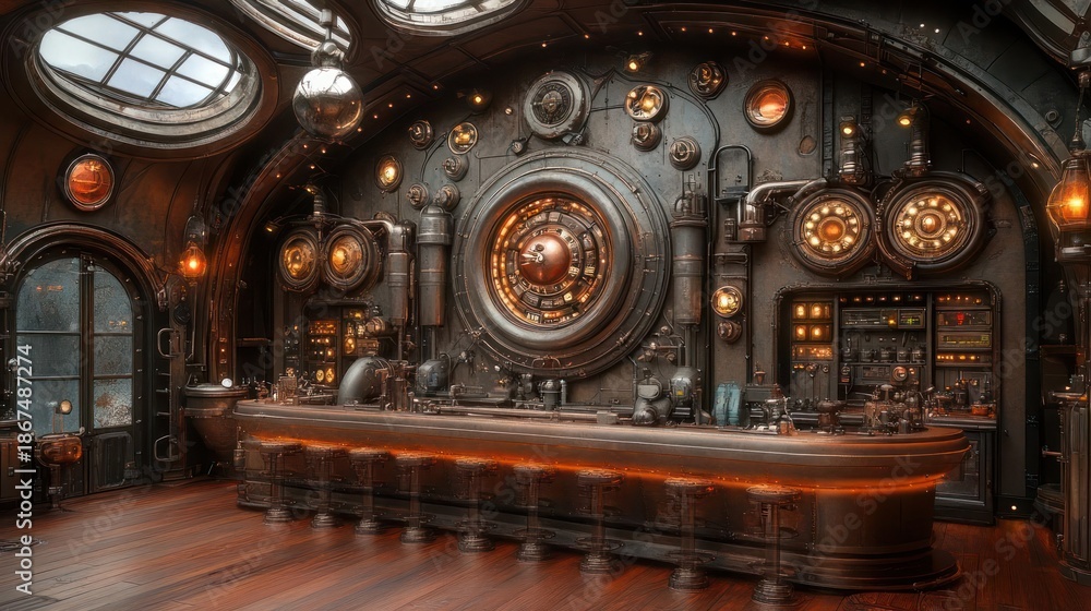 Obraz premium Ornate Steampunk Bar Interior With Intricate Machinery Glowing Amber Lights and Copper Accents Industrial Design with Large Circular Window Overlooking a Cityscape at Dusk