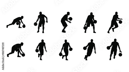 Silhouettes of basketball players in various action poses showcasing game movement