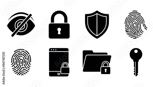 Collection of black and white security and privacy glyph icons representing digital protection, access control, and data confidentiality for various technology applications