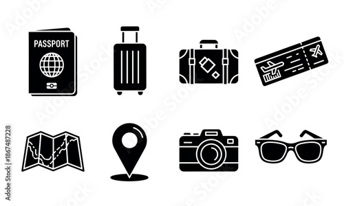 Versatile collection of travel essentials icons including passport luggage ticket map camera and sunglasses perfect for tourism and vacation related applications