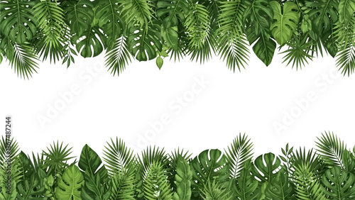Lush foliage frame with tropical leaves on white background
